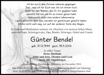 Traueranzeige von Günter Bendel von Super Sonntag SGH Mansf. Land