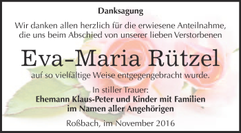 Traueranzeige von Eva Maria Rützel von WVG - Wochenspiegel Merseburg