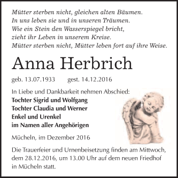 Traueranzeige von Anna Herbrich von WVG - Wochenspiegel Merseburg