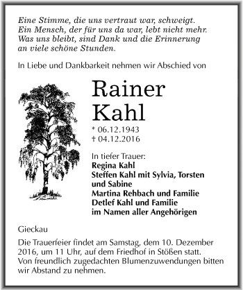 Traueranzeige von Rainer Kahl von Mitteldeutsche Zeitung Naumburg/Nebra