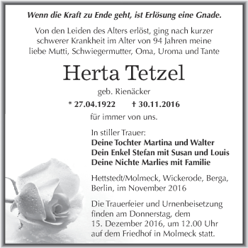 Traueranzeige von Herta Tetzel von Wochenspiegel Mansfelder Land