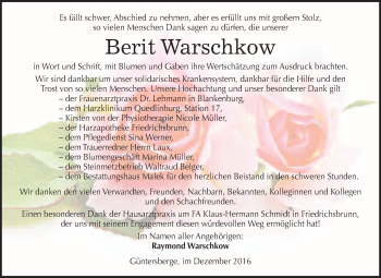 Traueranzeige von Berit Warschkow von WVG - Wochenspiegel Quedlinburg