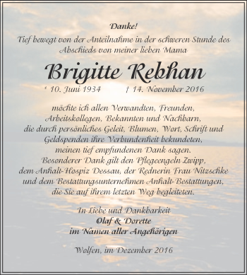 Traueranzeige von Brigitte Rebhan von WVG - Wochenspiegel Bitterfeld