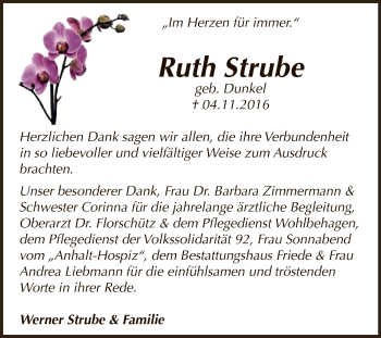 Traueranzeige von Ruth Strube von WVG - Wochenspiegel Dessau / Köthen
