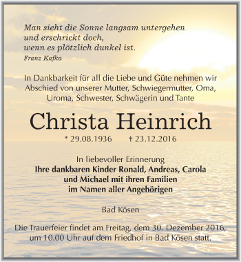 Traueranzeige von Christa Heinrich von Mitteldeutsche Zeitung Naumburg/Nebra