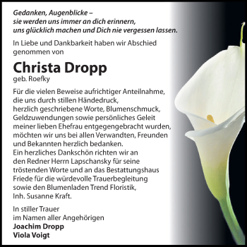 Traueranzeige von Christa Dropp von WVG - Wochenspiegel Dessau / Köthen