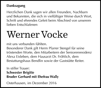 Traueranzeige von Werner Vocke von Mitteldeutsche Zeitung Mansfelder Land