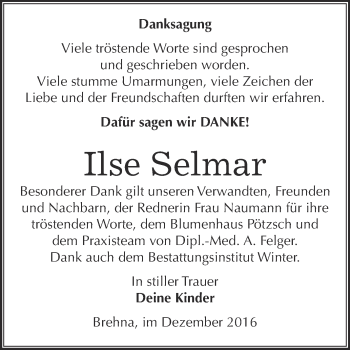 Traueranzeige von Ilse Selmar von WVG - Wochenspiegel Bitterfeld