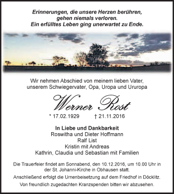 Traueranzeige von Werner Rost von WVG - Wochenspiegel Merseburg