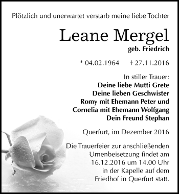Traueranzeige von Leane Mergel von Mitteldeutsche Zeitung Merseburg/Querfurt