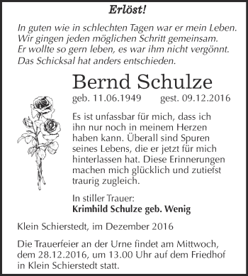 Traueranzeige von Bernd Schulze von Super Sonntag Aschersleben