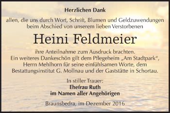 Traueranzeige von Heini Feldmeier von WVG - Wochenspiegel Merseburg