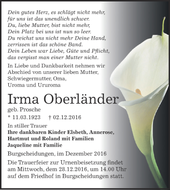 Traueranzeige von Irma Oberländer von WVG - Wochenspiegel NMB / WSF / ZTZ