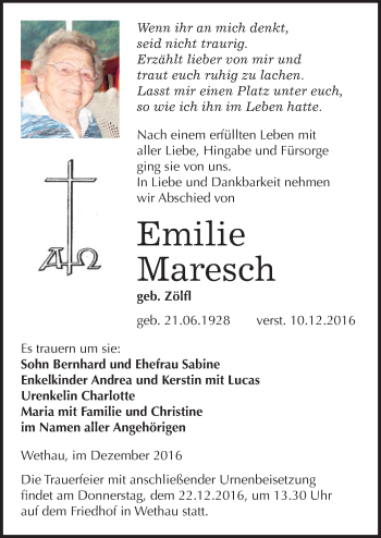 Traueranzeige von Emilie Maresch von Mitteldeutsche Zeitung Naumburg/Nebra