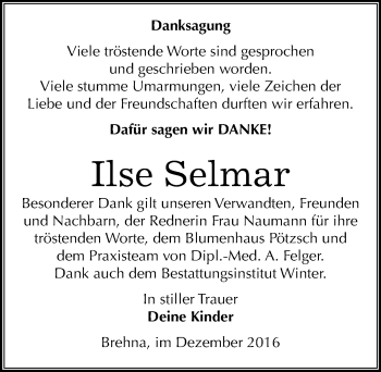 Traueranzeige von Ilse Selmar von Mitteldeutsche Zeitung Bitterfeld