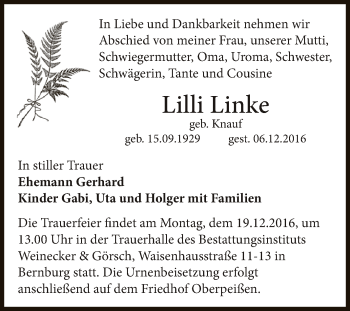 Traueranzeige von Lilli Linke von Super Sonntag Bernburg