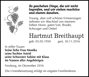 Traueranzeige von Hartmut Breithaupt von Mitteldeutsche Zeitung Naumburg/Nebra