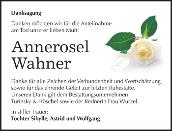 Traueranzeige von Annerosel Wahner von Mitteldeutsche Zeitung Halle/Saalkreis