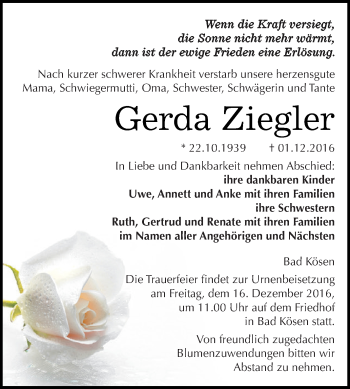 Traueranzeige von Gerda Ziegler von WVG - Wochenspiegel NMB / WSF / ZTZ