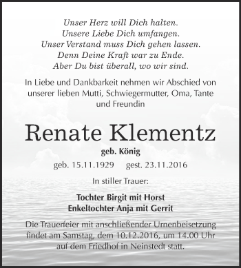 Traueranzeige von Renate Klementz von Super Sonntag Quedlinburg