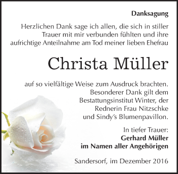 Traueranzeige von Christa Müller von Mitteldeutsche Zeitung Bitterfeld