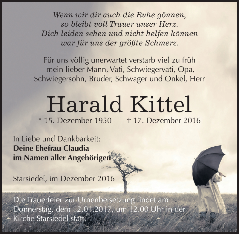  Traueranzeige für Harald Kittel vom 24.12.2016 aus Mitteldeutsche Zeitung Weißenfels