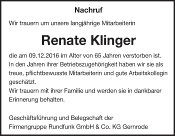 Traueranzeige von Renate Klinger von Super Sonntag Quedlinburg