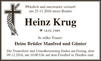 Traueranzeige von Heinz Krug von WVG - Wochenspiegel Dessau / Köthen