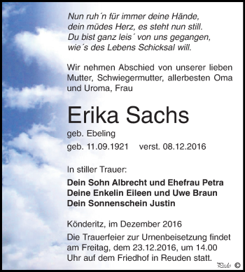 Traueranzeige von Erika Sachs von Super Sonntag Zeitz