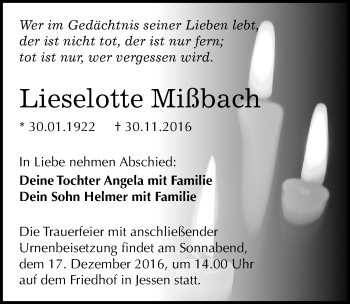 Traueranzeige von Lieselotte Mißbach von Mitteldeutsche Zeitung Wittenberg