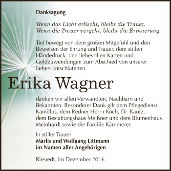 Traueranzeige von Erika Wagner von Super Sonntag SGH Mansf. Land