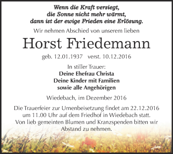 Traueranzeige von Horst Friedemann von WVG - Wochenspiegel NMB / WSF / ZTZ