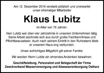 Traueranzeige von Klaus Lubitz von Mitteldeutsche Zeitung Quedlinburg
