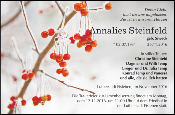Traueranzeige von Annalies Steinfeld von Super Sonntag SGH Mansf. Land