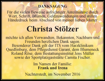 Traueranzeige von Christa Stölzer von Super Sonntag Aschersleben