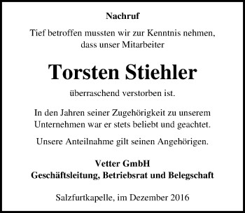 Traueranzeige von Torsten Stiehler von Mitteldeutsche Zeitung Bitterfeld