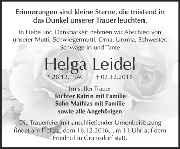 Traueranzeige von Helga Leidel von Super Sonntag Bernburg