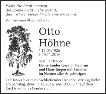 Traueranzeige von Otto Höhne von Super Sonntag Wittenberg