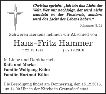 Traueranzeige von Hans-Fritz Hammer von WVG - Wochenspiegel Bernburg