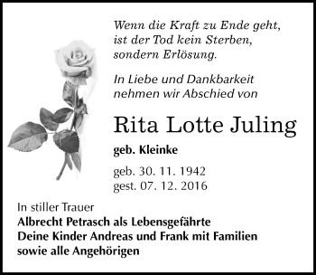 Traueranzeige von Rita Lotte Juling von Mitteldeutsche Zeitung Mansfelder Land