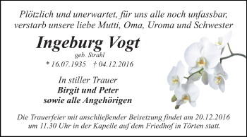 Traueranzeige von Ingeburg Vogt von WVG - Wochenspiegel Dessau / Köthen