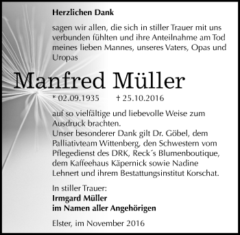 Traueranzeige von Manfred Müller von Mitteldeutsche Zeitung Wittenberg