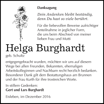 Traueranzeige von Helga Burghardt von Wochenspiegel Mansfelder Land