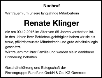 Traueranzeige von Renate Klinger von Mitteldeutsche Zeitung Quedlinburg