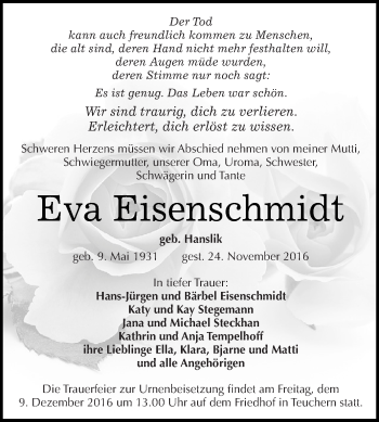 Traueranzeige von Eva Eisenschmidt von Super Sonntag Zeitz