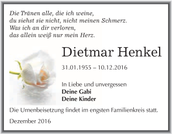 Traueranzeige von Dietmar Henkel von WVG - Wochenspiegel Wittenberg
