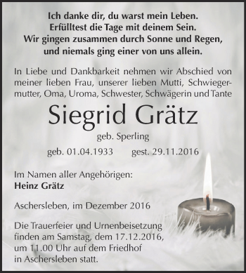 Traueranzeige von Siegrid Grätz von Super Sonntag Aschersleben