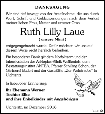 Traueranzeige von Ruth Lilly Laue von Mitteldeutsche Zeitung Weißenfels