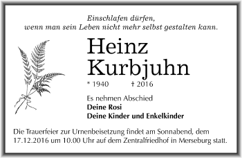 Traueranzeige von Heinz Kurbjuhn von Mitteldeutsche Zeitung Merseburg/Querfurt