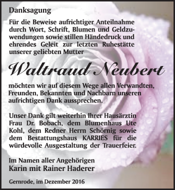 Traueranzeige von Waltraud Neubert von Mitteldeutsche Zeitung Quedlinburg